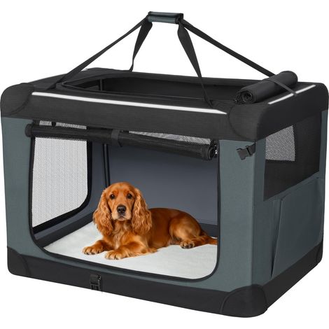 Sac de Transport pour Chien Pliable, Cage de Transport Chien Respirant et Portable 3 Portes, Bandes Réfléchissantes et Poche de Rangement, Usage Intérieur et Extérieur, Gris (1/5)