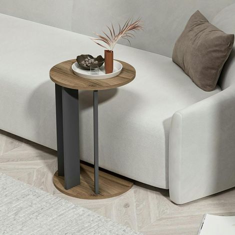 Bout de canapé rond décor bois foncé pied métal MARFA (1/5)