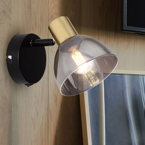 Wandstrahler mit Schalter Wandspot Wandleuchte Glas bronzefarben Spot beweglich, Metall schwarz, 1x E14, BxHxT 11x11,5x15 cm