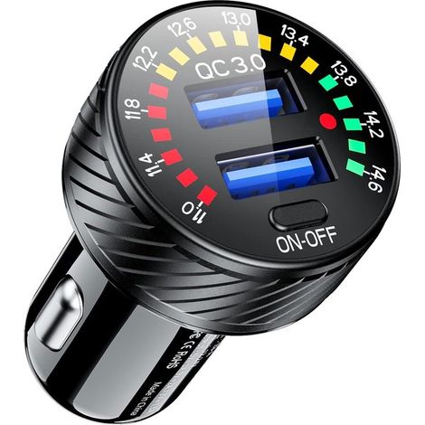 Juego de 2 cargadores para coche – Adaptador USB QC3.0 de doble puerto de alta velocidad – 36W 3A – con voltímetro e interruptor (1/5)