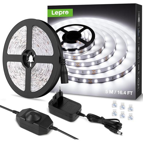 Ruban LED 5m Blanc Froid 6000K Dimmable 1650lm 15W Avec variateur, connecteurs et transformateur 12V inclus. Ruban LED 300 LEDs 2835, autocollant, pour meuble, escalier (1/5)