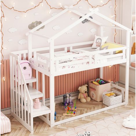 Letto a castello per bambini 90x200 cm, legno massello bianco, con scala sicura e rete a doghe (1/5)