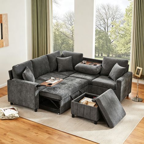 Canapé d'angle convertible en chenille gris 205 cm, USB, lampe, coffre, table relevable (1/5)