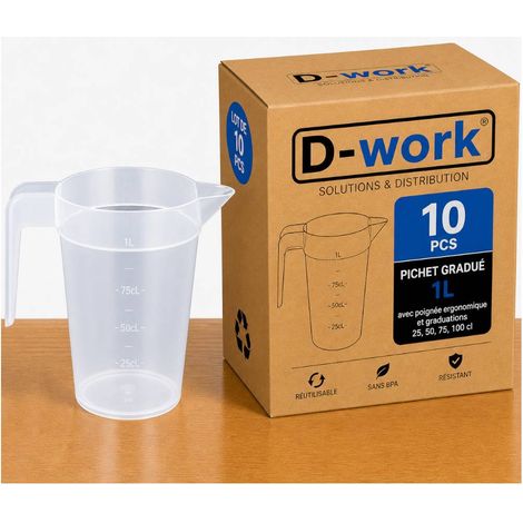 Pichet 1 L avec Poignée Ergonomique et Graduations 25, 50, 75, 100 cl, Réutilisable en PP sans BPA - Translucide - D-Work