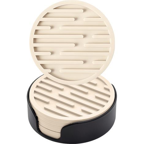 Sessous de Verre Set, Silicone sous Verre avec Support, Antidérapant Rond Coasters pour Tasse, Table, café, Bar, Boissons, Drinking Coasters Cup Mat, 6 pièces (Beige) (1/5)