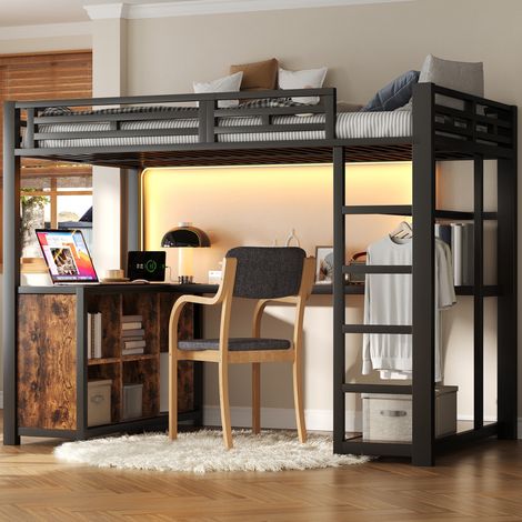 Lit mezzanine 140x200 avec bureau, Lit surélevé gain de place avec LED USB et dressing pour ado adulte, Noir (1/5)
