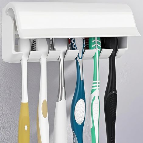Soporte de pared para cepillos de dientes con tapa, estante autoadhesivo, con capacidad para hasta 6 cepillos. Color blanco.