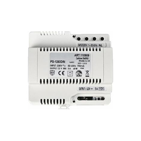 Aiphone PS1250DIN Modulares Netzteil 230 VAC / 12 VDC – 5 A, Befestigung auf 6-Modul-DIN-Schiene
