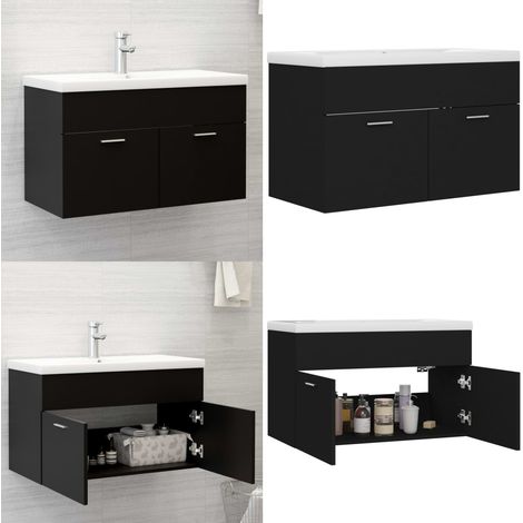 Vidaxl – Armoire d'évier avec lavabo intégré noir aggloméré – Meuble salle de bain avec rangement – Lavabo céramique blanc – Dimensions 80x38,5x46cm