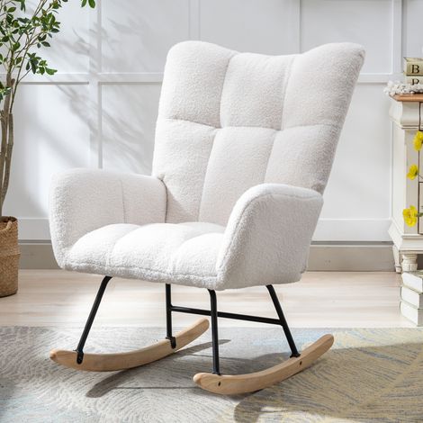 Sillón balancín de tejido teddy blanco con bolsillo, base de madera y estructura metálica, OKWISH (1/5)