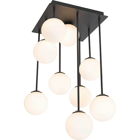 QAZQA Moderno Lámpara de techo moderna negra con cristal opal 9-luces - ATHENS Acero /Vidrio Cuadrada Adecuado para LED Max. 9 x 28 Watt
