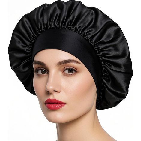Nachthaube aus Satin, Nachthaube aus Seide, Damen-Nachthaube, für langes und lockiges Haar (schwarz) (1/5)