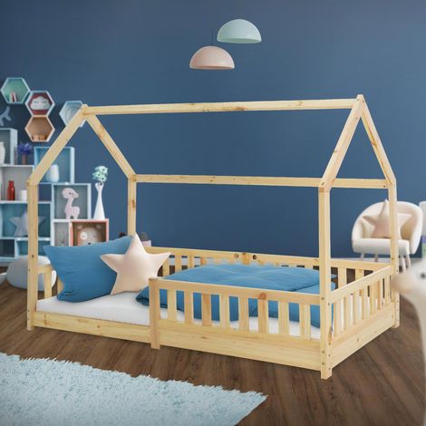 ML-Design Cama Infantil Casa Natural 90x200 cm de Madera de Pino con Protección Anticaída, Techo y Somier Estructura de Listones, Cuna de Suelo Maciza, Lecho Casita de Juego para Niño y Bebé (1/5)