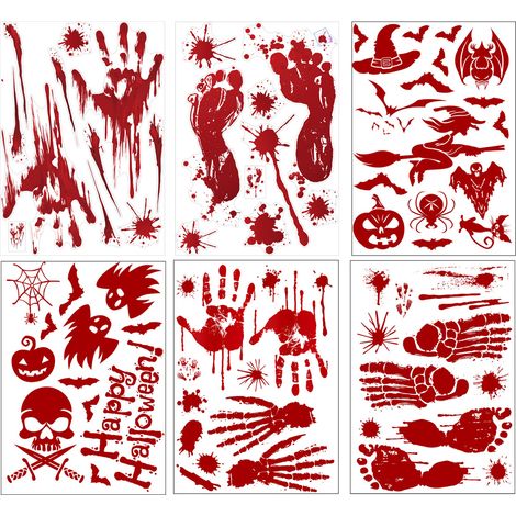 Autocollants Halloween - Empreintes Mains Pieds Ensanglantées - Stickers Muraux et Sol Effrayants - 6 Feuilles 34,8 x 25,1 cm (1/5)