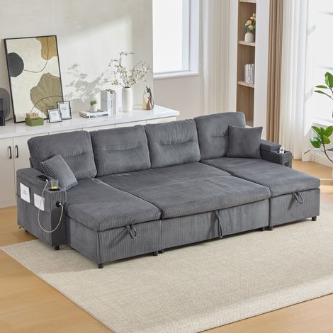 Divano letto da 4 posti, grigio, tessuto a coste, con doppia chaise longue, vano portaoggetti, porta USB-C e funzione di letto supplementare, 272 x 136 x 86 cm (1/5)
