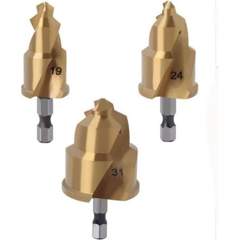 [NON UTILIZZATO] Set di 3 punte da trapano a gradini in PPR per tubi dell'acqua: 20/25/32 mm, con scanalatura di limitazione girevole (punte da trapano coniche sollevabili)