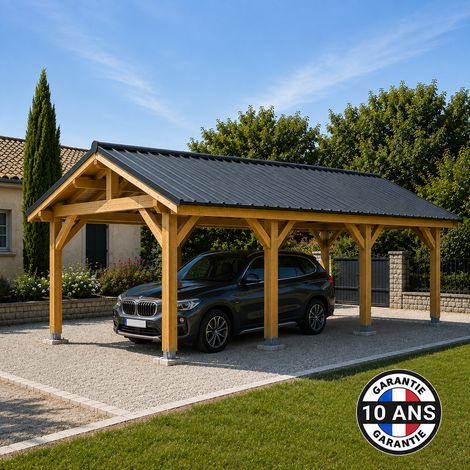 Carport bois 2 pentes en bois douglas 28 m², 6 poteaux avec pieds de poteaux réglables. Abri voiture extérieur. Garantie 10 ans. (1/5)