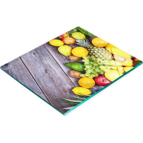 Planche de service en verre avec motif de fruits sur fond bois 60x52 cm (1/5)