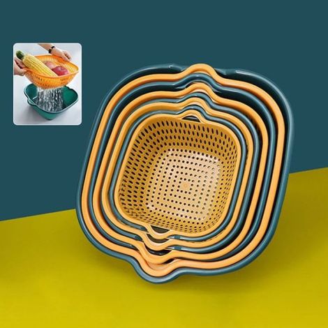 Panier de lavage de légumes - Double couche - 8 en 1 - Bleu et jaune (1/5)