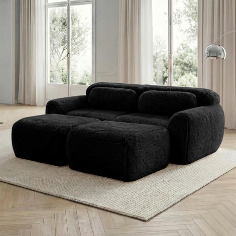 Canapé nuage sans cadre, tissu velours doux, canapé-lit modulable avec deux repose-pieds, canapé deux places, aucun assemblage requis, canapé de salon confortable, noir. (1/5)