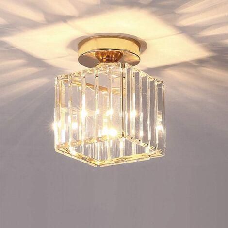 Stoex – Plafonnier carré en cristal et métal LED – Douille E27 – 14 cm x 17 cm – Finition dorée pour chambre, salon, cuisine, salle à manger (1/4)