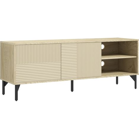 Meuble TV jusqu'à 65 pouces 2 niches 2 passe-câbles et 1 placard 2 portes piètement acier 150 x 40 x 56 cm jaune noir