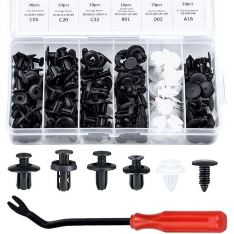 100Pcs Rivet Clips Accessoires équipement intérieur Voiture Rivets en Plastique Attaches de Protection en Plastique, 6 Formes et Tailles, avec Boîte de Rangement (Noir, Blanc)