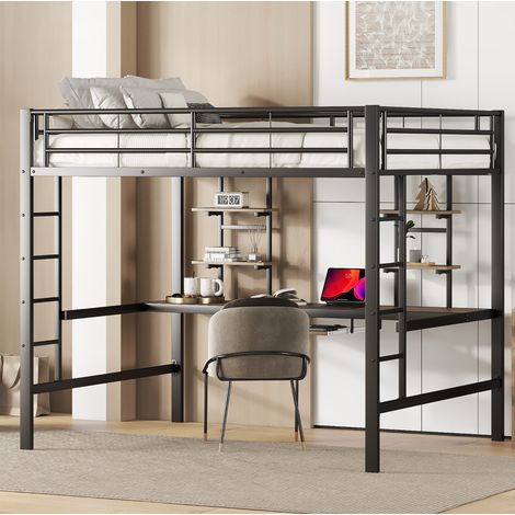 Letto soppalcato FloraGrace 140x200 cm in metallo nero con scrivania e mensole, senza materasso