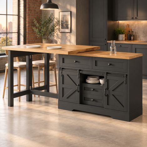 Mobile cucina 2-in-1 con tavolo estensibile 120-197 cm, pannello girevole 360°, nero HAVRYA