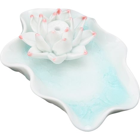 Brûleur d'encens en céramique craquelée en forme de lotus, porte-encens, plateau à encens et applicateur d'encens – un ensemble d'accessoires pour parfumer l'encens, finement travaillé, avec sa boîte. (1/5)