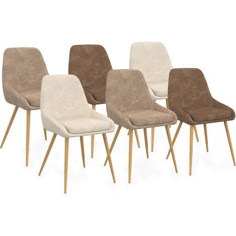 Set aus 6 Stühlen THALYA aus Chenillegewebe mix color taupe x2, beige x2, braun x2 und Beinen in Holzoptik mit Armlehnen
