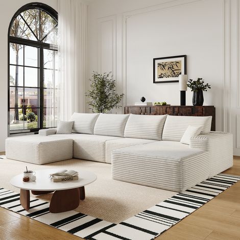 Divano angolare modulare a 4 posti con pouf removibile in velluto a coste, comprimibile, non richiede montaggio, stile moderno, 340x175x83 cm, beige (1/5)