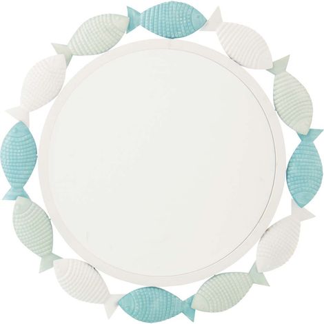 Miroir Mural en Métal "Poisson" 76cm Blanc & Bleu (1/2)