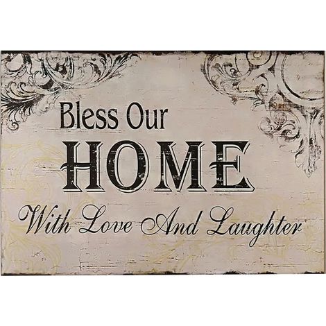 Placa decorativa de madera para pared con la frase "Que nuestro hogar sea bendecido con amor y risas", color blanco roto y negro. (1/3)