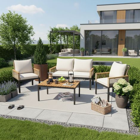 Canapé double 2 fauteuils table rotin extérieur coussins confort couleur beige