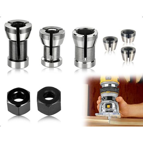Ensemble de 8 Pinces de Serrage, Adaptateur pour Fraise de Défonceuse avec 2 Écrous, Pour Machines à Graver, Défonceuses à Bois, Finition, Travail du Plastique et du Bois (1/5)