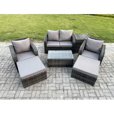 Fimous Salon de jardin en rotin avec Table basse rectangulaire 2 grand tabouret Tables d'appoint Mélange gris foncé (1/5)