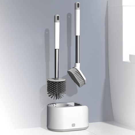 Brosse de toilette en silicone avec support, inox, 2-en-1, mural et debout – DELKEVIC