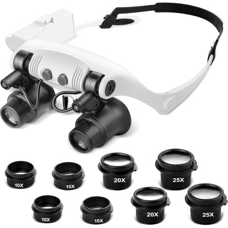 Loupe à Montage sur tête, loupe Mains Libres avec 2 lumières LED, loupe Rechargeable 10X/15X/20X/25X, Parfaite pour Travailler de près, loupe de Bijoux, Montre et réparation électronique (1/5)