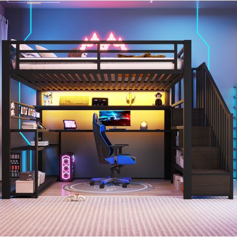 Cama alta metálica de 140x200 cm con iluminación LED RGB, escritorio, armario y espacio de almacenamiento, metal/MDF, negra (1/5)