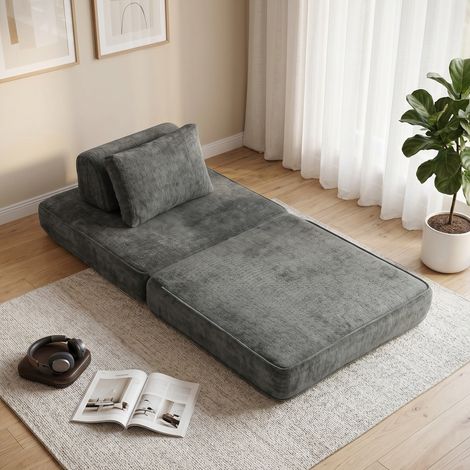 Canapé-lit pliant 2 en 1, méridienne une place, revêtement en chenille, coussin épais, dossier et oreiller inclus, gris