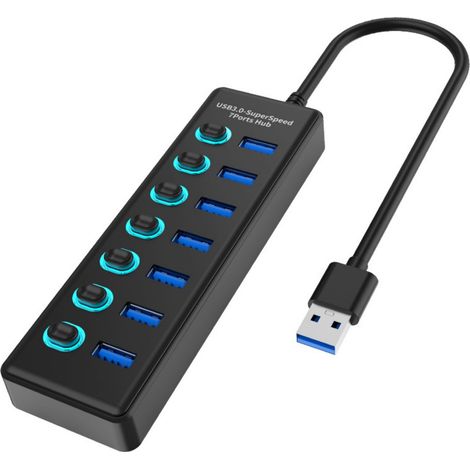 Hub USB 3.0 à 7 ports, répartiteur multiport 5 Gbit/s avec interrupteurs d'alimentation individuels et voyants LED, adaptateur d'extension haute vitesse pour PC, ordinateur portable et imprimante. (1/5)
