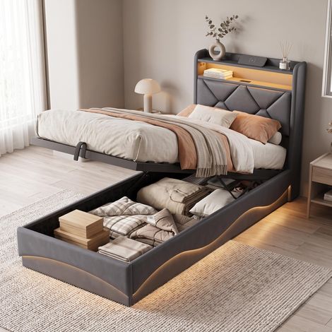 Lit Coffre 90x200 cm Tissu Gris avec LED RGB Port USB Type C, avec Tête de Lit Capitonnée, Sommier Relevable Hydraulique, pour Ado Style Moderne