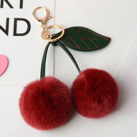 Pendentif Cerises - Poil Faux-Lapin - Accroche-Rétroviseur Voiture - Porte-Clés Sacoche - Cadeau Couple - 15 x 12 x 6 cm - Rouge (1/5)