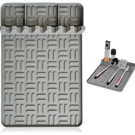 Tapis de cuisson en silicone pour ustensiles, grand tapis de spatule en silicone avec bac récupérateur de gouttes, tapis de rangement latéral pour ustensiles de barbecue, accessoires pour plaques de c (1/5)