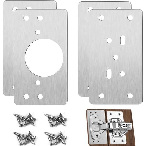 Lot de 4 plaques de réparation de charnières avec 24 vis, kit de plaque de rechange pour charnière en acier inoxydable, pour armoire de cuisine, placard, tiroir, porte, support de fixation (1/5)