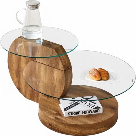 ELVMI Tavolino da caffè rotondo con 2 ripiani, piano in vetro temperato, in MDF finitura legno, per soggiorno, Trasparente e Legno (1/5)
