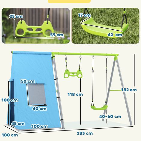 Portique 3 en 1, tente de jeu, balançoire, anneaux de gymnastique, métal, plastique, vert (1/5)