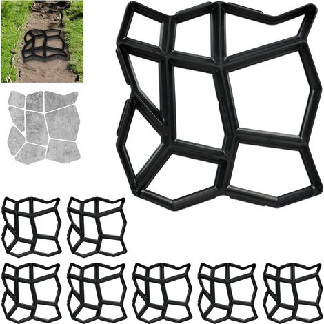 Relaxdays Concrete Mould, 8x Set, Irregular Shape, Cement Cast, 9 Frames, Pavement Stone, Patio, HxWxD: 4x42x42cm, Black