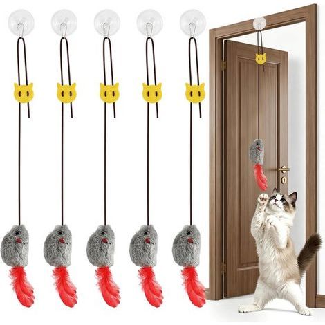 Hängendes Katzenspielzeug – 5er-Pack – Grau und Rot – Maus mit Gummiband, Saugnapf und Quietscher – Für selbstständiges Spielen (1/5)
